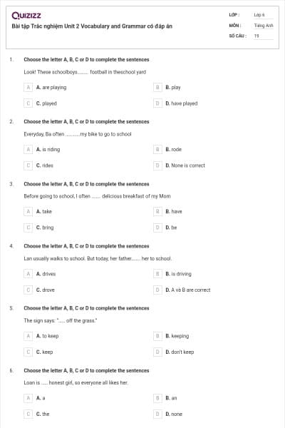 Bài tập Trắc nghiệm Unit 2 Vocabulary and Grammar có đáp án