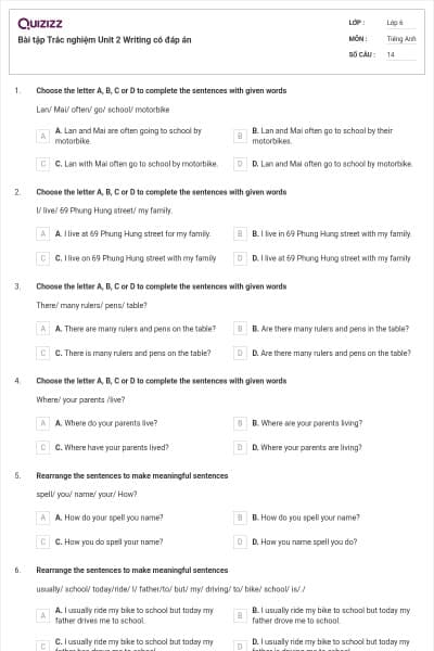 Bài tập Trắc nghiệm Unit 2 Writing có đáp án