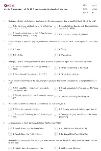 43 câu Trắc nghiệm Lịch Sử 12 Phong trào dân tộc dân chủ ở Việt Nam