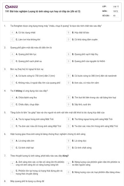 191 Bài trắc nghiệm Lượng tử ánh sáng cực hay có đáp án (đề số 3)