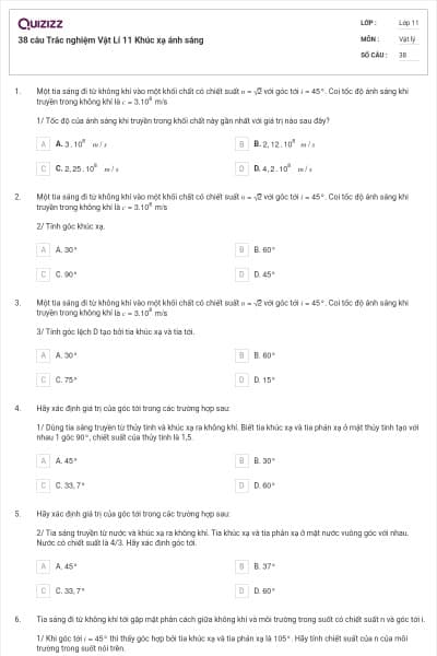 38 câu Trắc nghiệm Vật Lí 11 Khúc xạ ánh sáng