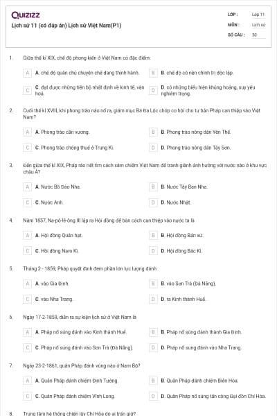 Lịch sử 11 (có đáp án) Lịch sử Việt Nam(P1)