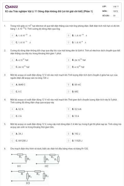 82 câu Trắc nghiệm Vật Lí 11 Dòng điện không đổi (có lời giải chi tiết) (Phần 1)