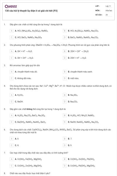 130 câu hỏi lý thuyết Sự điện li có giải chi tiết (P3)