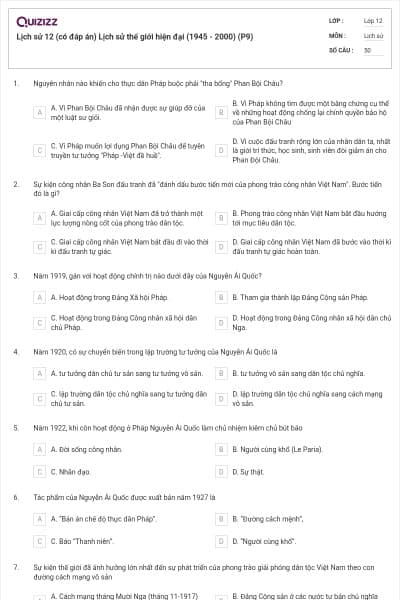 Lịch sử 12 (có đáp án) Lịch sử thế giới hiện đại (1945 - 2000) (P9)