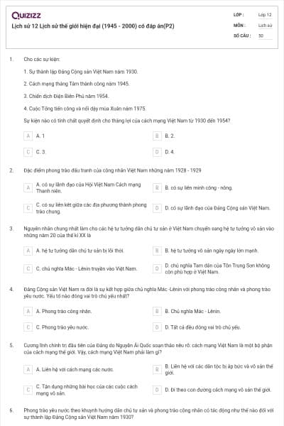 Lịch sử 12 Lịch sử thế giới hiện đại (1945 - 2000) có đáp án(P2)
