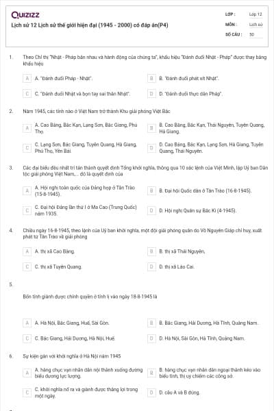 Lịch sử 12 Lịch sử thế giới hiện đại (1945 - 2000) có đáp án(P4)
