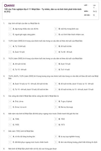 100 câu Trắc nghiệm Địa lí 11 Nhật Bản - Tự nhiên, dân cư và tình hình phát triển kinh tế (P2)