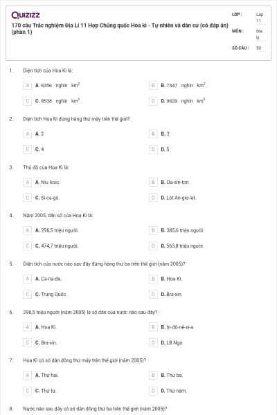 170 câu Trắc nghiệm Địa Lí 11 Hợp Chủng quốc Hoa kì - Tự nhiên và dân cư (có đáp án) (phần 1)
