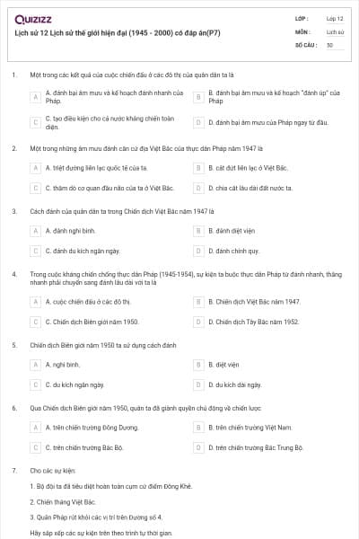 Lịch sử 12 Lịch sử thế giới hiện đại (1945 - 2000) có đáp án(P7)
