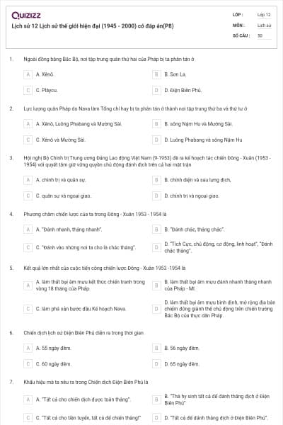 Lịch sử 12 Lịch sử thế giới hiện đại (1945 - 2000) có đáp án(P8)