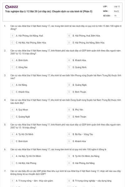 Trắc nghiệm Địa Lí 12 Bài 20 (có đáp án): Chuyển dịch cơ cấu kinh tế (Phần 5)