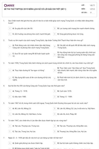 ĐỀ THI THỬ THPTQG 2019 MÔN LỊCH SỬ CÓ LỜI GIẢI CHI TIẾT (ĐỀ 1)