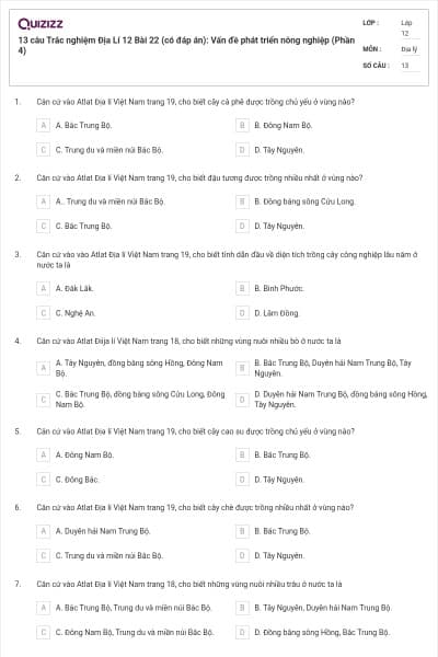 13 câu Trắc nghiệm Địa Lí 12 Bài 22 (có đáp án): Vấn đề phát triển nông nghiệp (Phần 4)