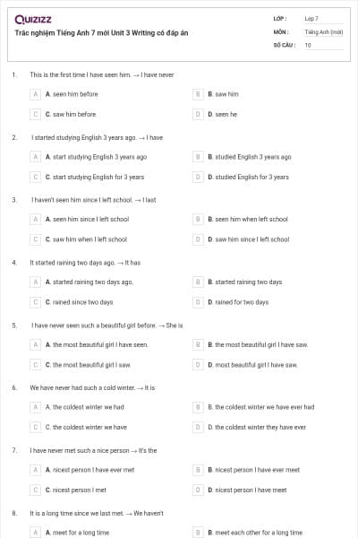 Trắc nghiệm Tiếng Anh 7 mới Unit 3 Writing có đáp án