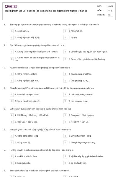 Trắc nghiệm Địa Lí 12 Bài 26 (có đáp án): Cơ cấu ngành công nghiệp (Phần 3)