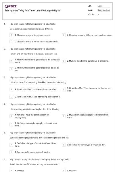 Trắc nghiệm Tiếng Anh 7 mới Unit 4 Writing có đáp án