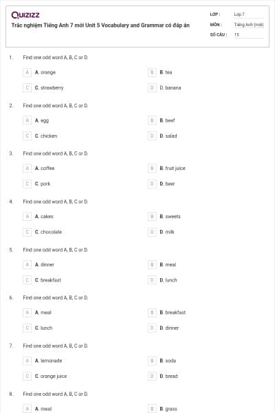 Trắc nghiệm Tiếng Anh 7 mới Unit 5 Vocabulary and Grammar có đáp án