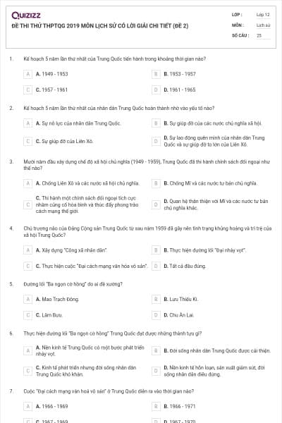 ĐỀ THI THỬ THPTQG 2019 MÔN LỊCH SỬ CÓ LỜI GIẢI CHI TIẾT (ĐỀ 2)