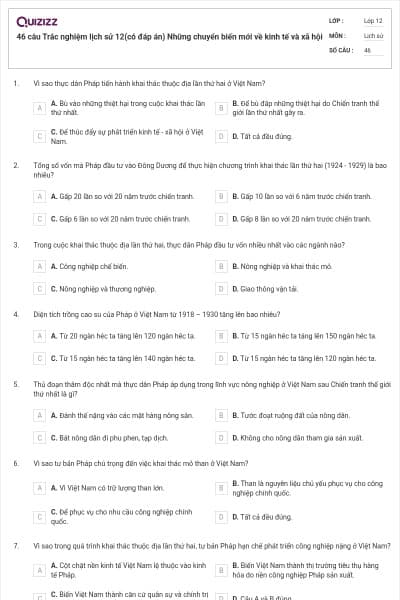 46 câu Trắc nghiệm lịch sử 12(có đáp án) Những chuyển biến mới về kinh tế và xã hội