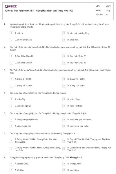 120 câu Trắc nghiệm Địa lí 11 Cộng Hòa nhân dân Trung Hoa (P2)