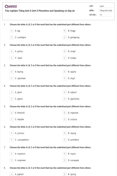 Trắc nghiệm Tiếng Anh 6 Unit 3 Phonetics and Speaking có đáp án