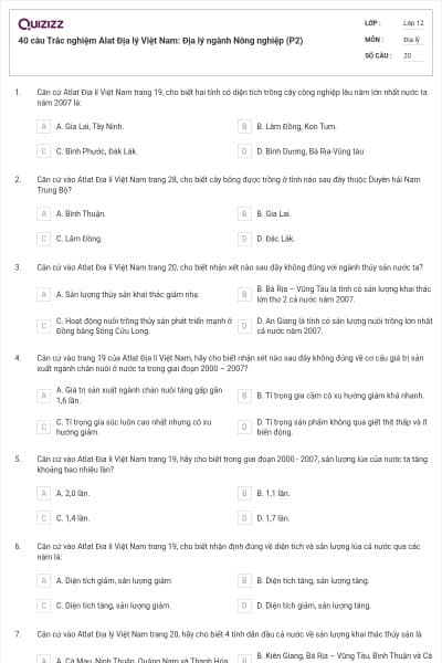40 câu  Trắc nghiệm Alat Địa lý Việt Nam: Địa lý ngành Nông nghiệp (P2)