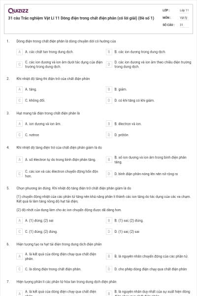 31 câu Trắc nghiệm Vật Lí 11 Dòng điện trong chất điện phân (có lời giải) (Đề số 1)