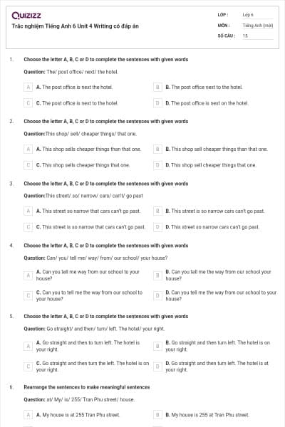 Trắc nghiệm Tiếng Anh 6 Unit 4 Writing có đáp án