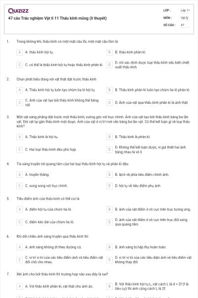 47 câu Trắc nghiệm Vật lí 11 Thấu kính mỏng (lí thuyết)