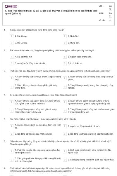 17 câu Trắc nghiệm Địa Lí 12 Bài 33 (có đáp án): Vấn đề chuyển dịch cơ cấu kinh tế theo ngành (phần 2)