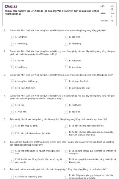 18 câu Trắc nghiệm Địa Lí 12 Bài 33 (có đáp án): Vấn đề chuyển dịch cơ cấu kinh tế theo ngành (phần 3)