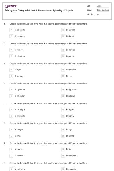 Trắc nghiệm Tiếng Anh 6 Unit 6 Phonetics and Speaking có đáp án