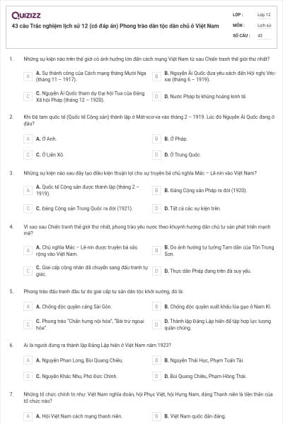 43 câu Trắc nghiệm lịch sử 12 (có đáp án) Phong trào dân tộc dân chủ ở Việt Nam