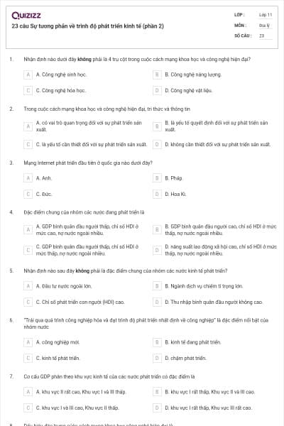 23 câu Sự tương phản về trình độ phát triển kinh tế (phần 2)