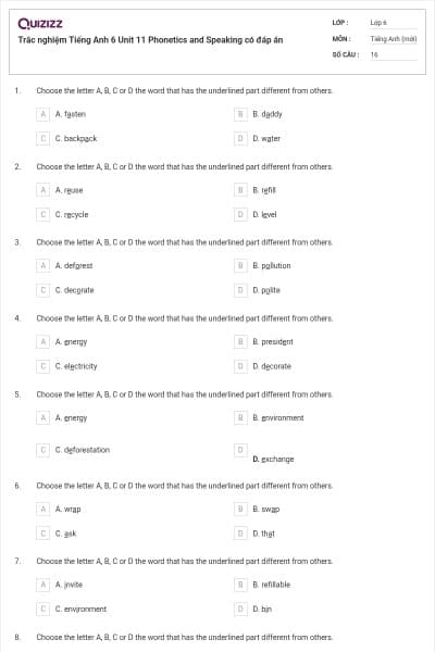 Trắc nghiệm Tiếng Anh 6 Unit 11 Phonetics and Speaking có đáp án