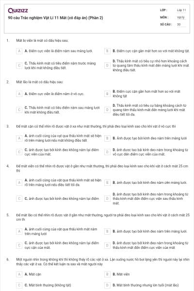 90 câu Trắc nghiệm Vật Lí 11 Mắt (có đáp án) (Phần 2)