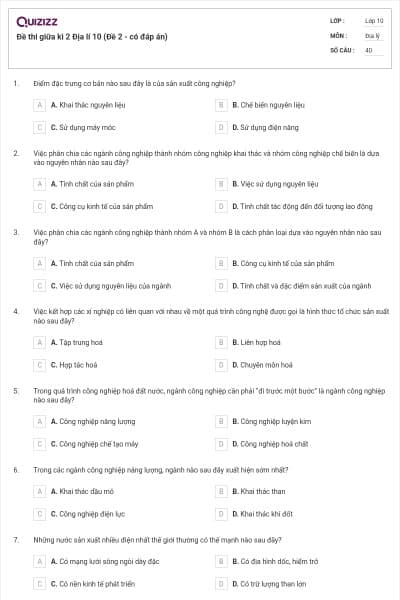 Đề thi giữa kì 2 Địa lí 10 (Đề 2 - có đáp án)