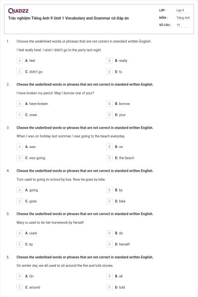 Trắc nghiệm Tiếng Anh 9 Unit 1 Vocabulary and Grammar có đáp án