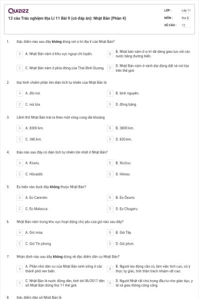12 câu  Trắc nghiệm Địa Lí 11 Bài 9 (có đáp án): Nhật Bản (Phần 4)