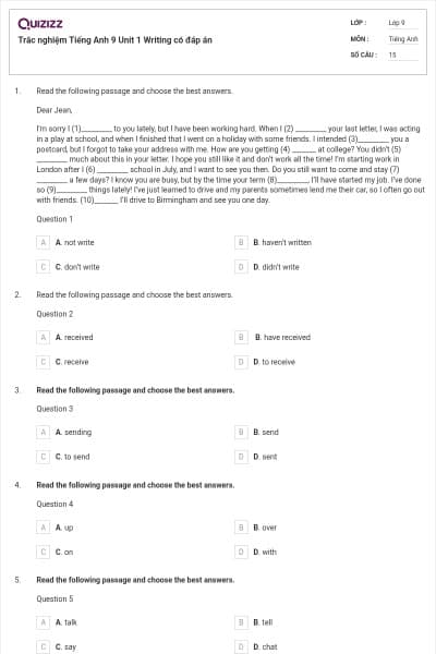 Trắc nghiệm Tiếng Anh 9 Unit 1 Writing có đáp án