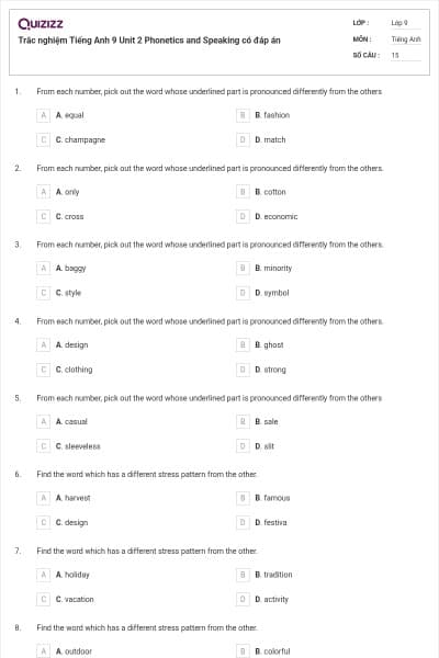 Trắc nghiệm Tiếng Anh 9 Unit 2 Phonetics and Speaking có đáp án