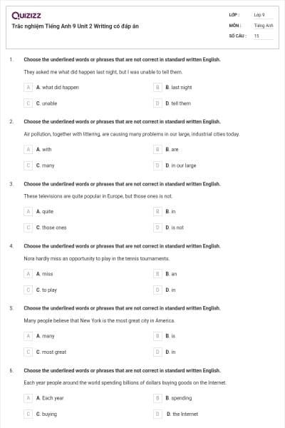Trắc nghiệm Tiếng Anh 9 Unit 2 Writing có đáp án