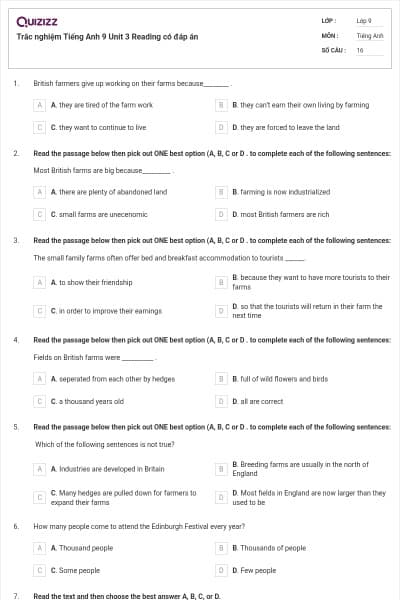 Trắc nghiệm Tiếng Anh 9 Unit 3 Reading có đáp án