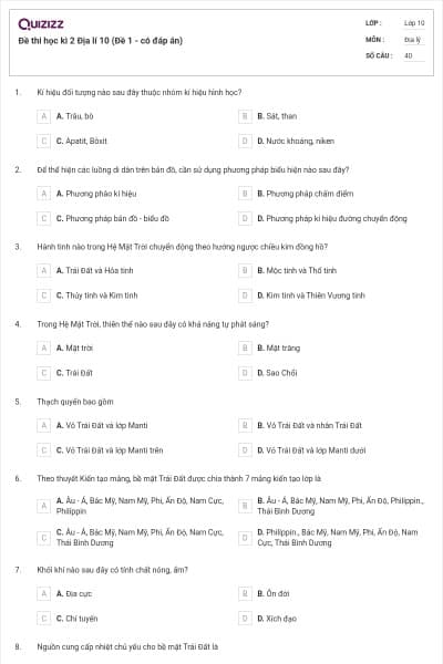 Đề thi học kì 2 Địa lí 10 (Đề 1 - có đáp án)