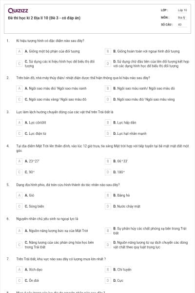 Đề thi học kì 2 Địa lí 10 (Đề 3 - có đáp án)