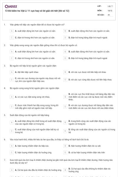 13 Đề kiểm tra Vật Lí 11 cực hay có lời giải chi tiết (Đề số 12)