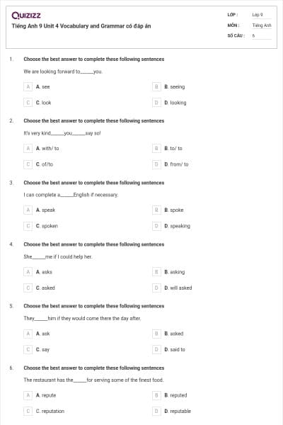 Tiếng Anh 9 Unit 4 Vocabulary and Grammar có đáp án