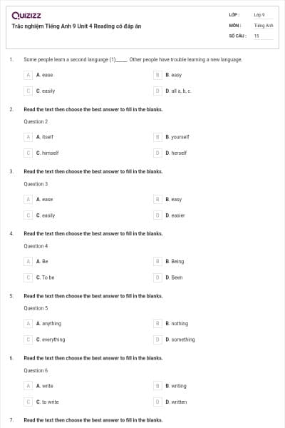 Trắc nghiệm Tiếng Anh 9 Unit 4 Reading có đáp án