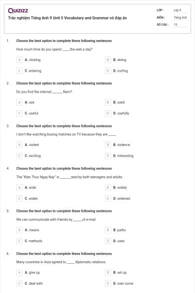 Trắc nghiệm Tiếng Anh 9 Unit 5 Vocabulary and Grammar có đáp án